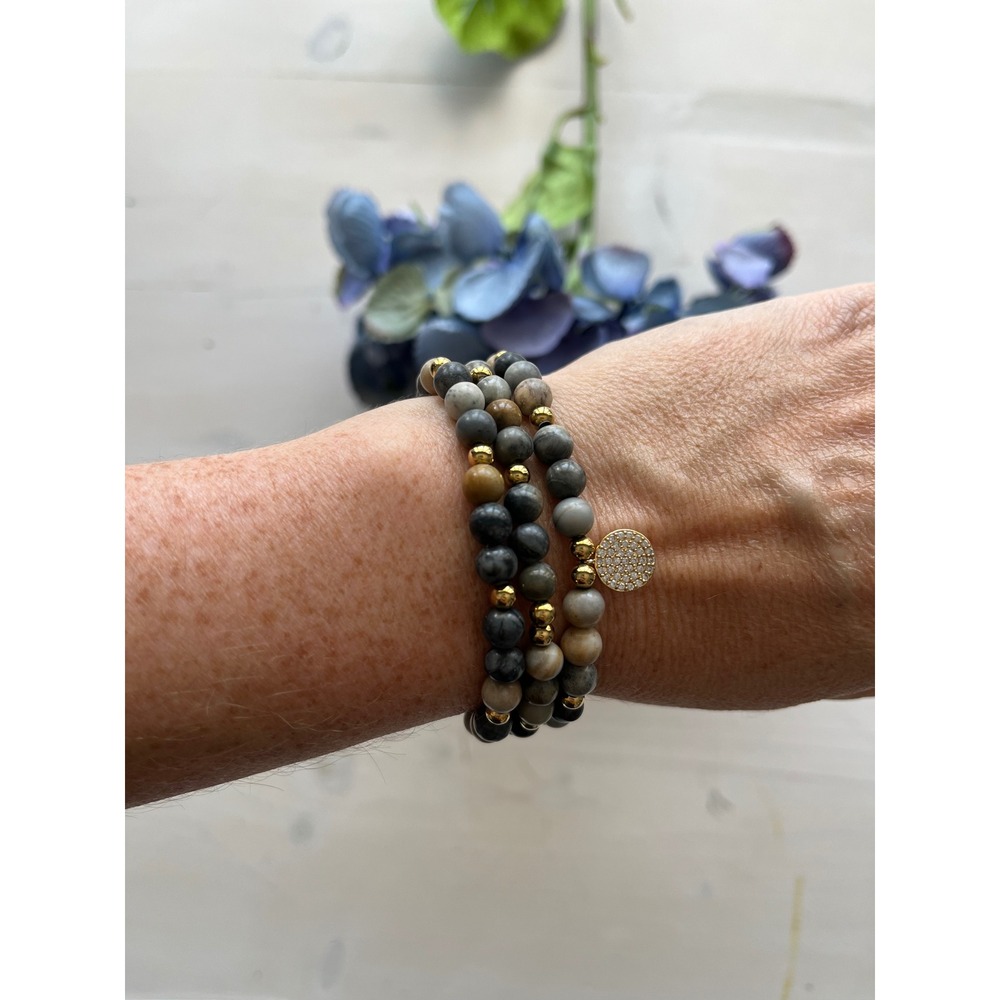 Beaded Stretch Bracelet Set Natural Stone Gray Brown Gold‎ Charm Boho Stacking